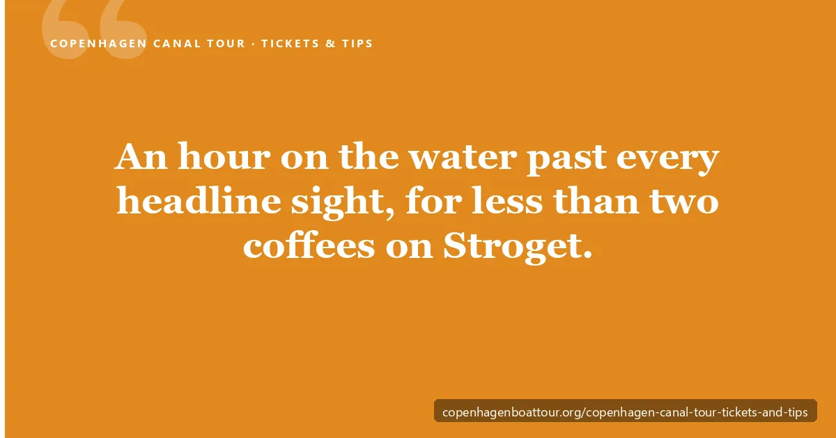 Copenhagen canal tour tickets and tips — a green sightseeing boat full of passengers cruising the canals past Copenhagen's waterfront